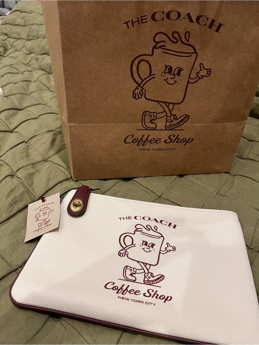Coach Coffee Shop White & Burgundy Canvas Pouch